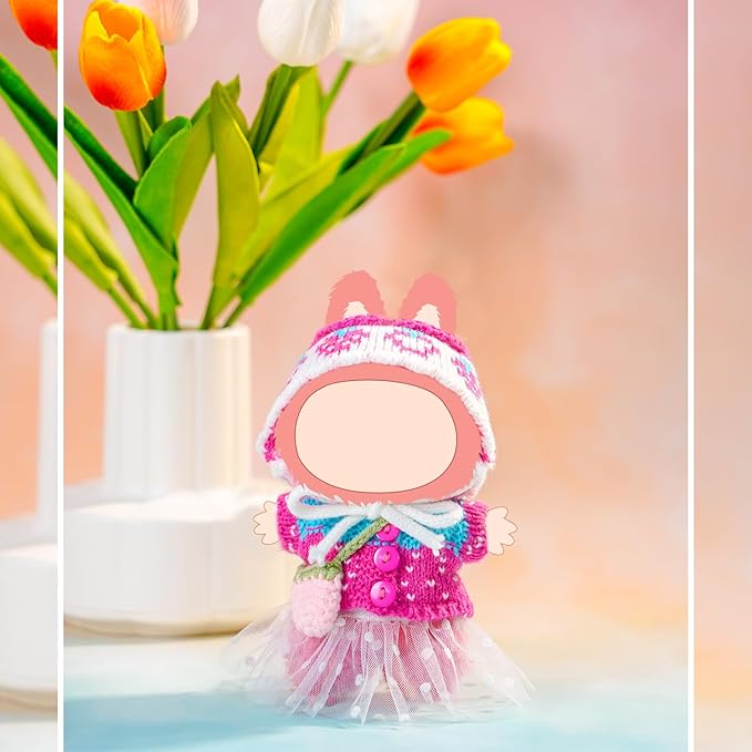 17cm Doll Clothes-Crochet Outfit Accessories Set for 5.91-6.7inch -Crocheted Hat+Pink Strawberry Sweater+White Dress+Bag(NO Doll)
