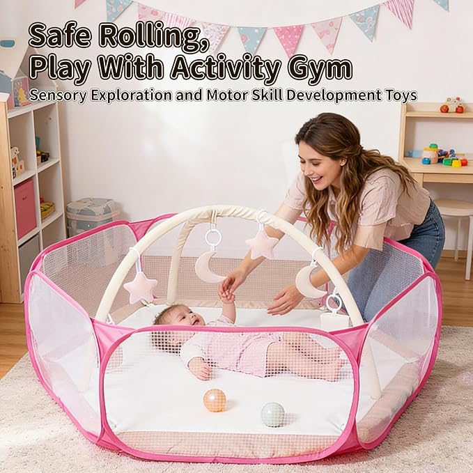 STARBOLO Cute Hexagon Kids Ball Pits, Indoor Outdoor Collapsible Play Pool Fence for Boys Girls Pets Puppy Cats, with Carry Tote, Balls Not Included (Pink)