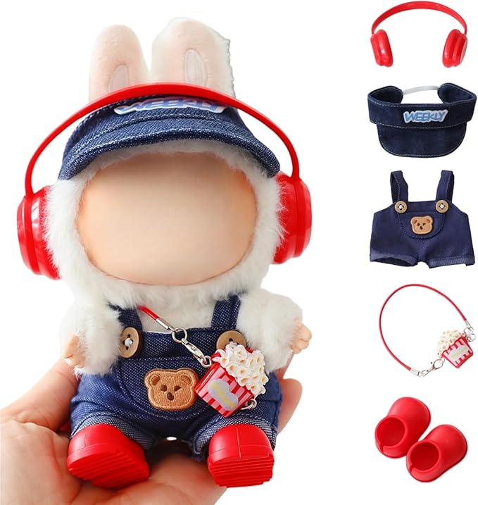 Clothes for Lu bubu 17cm Dolls(No Doll) Accessories, Stylish Kawaii Overalls Outfit Headphones Set 5 Pieces Suitable for 17cm Dolls , Doll Hat Headset Boots Clothing Set Replacement