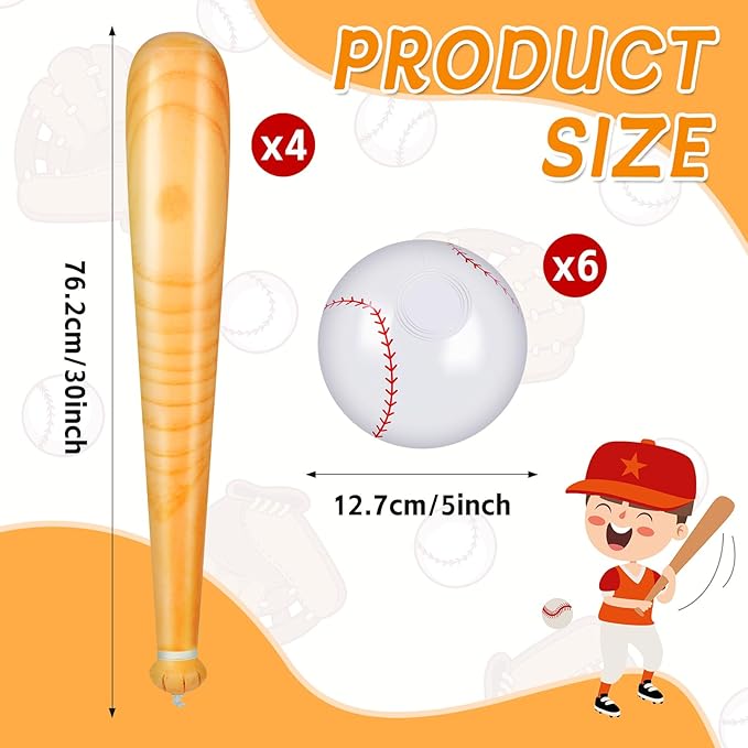 10 Pieces Inflatable Baseball Set, Including 4 Piece 30 Inch Baseball Bat and 6 Piece 5 Inch Beach Baseball, Sports Party Decorations for Kid Adult Pool & Beach Sports Games