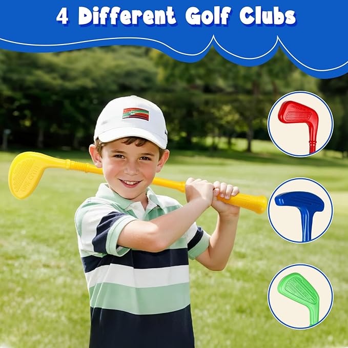 SUPER JOY Toddler Golf Set with Mat, Kids Golf Cart with 4 Clubs & 8 Balls, Indoor Outdoor Golf Toys for Boys Girls, Mini Golf Birthday Gifts for Baby 3-5 Years Old
