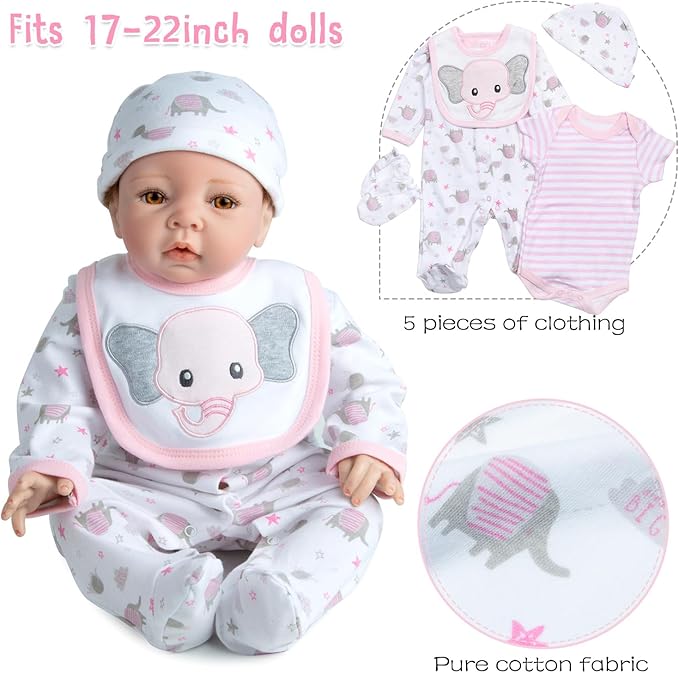 Reborn Baby Doll Clothes with Bassinet and Reusable Diaper Accessories 10-Piece Set fit 17-22 Inch Baby Dolls Girl, Pink Newborn Dolls Girl Outfits Cute Elephant Patterns Design