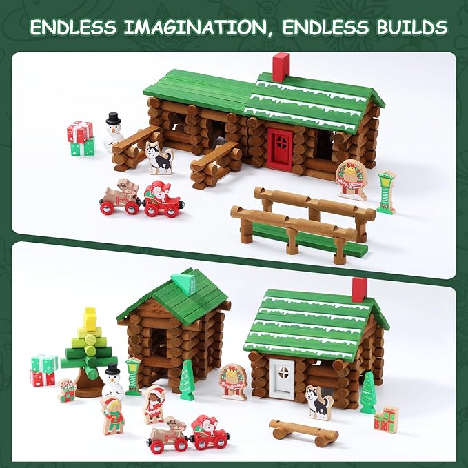 SainSmart Jr. Wooden Logs Set 182 Pcs Building House Toy for Toddlers with Christmas Tree Logs, Classical STEM Construction Kit Compatible with Lincoln Logs for 3+ Kids