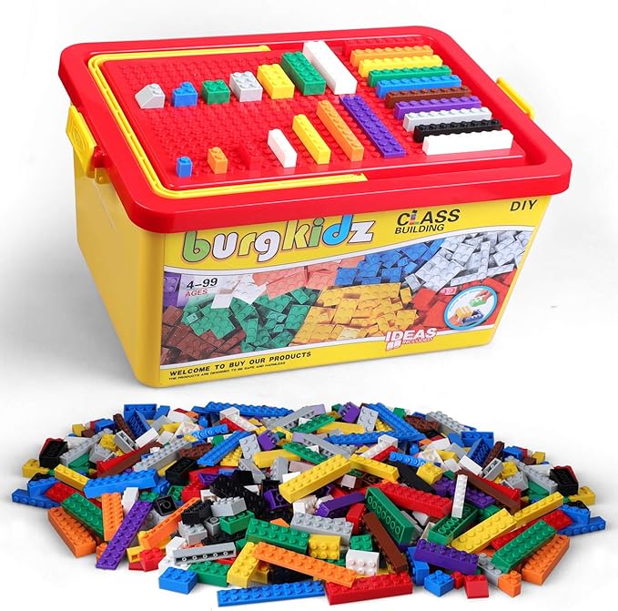 Building Bricks 1020 Pieces Set, 1000 Basic Building Blocks in 17 Fun Shapes Includes Wheels, Door, Window, Bulk Block with Storage Box, Handle and Base Plate, Compatible Block Construction Toys