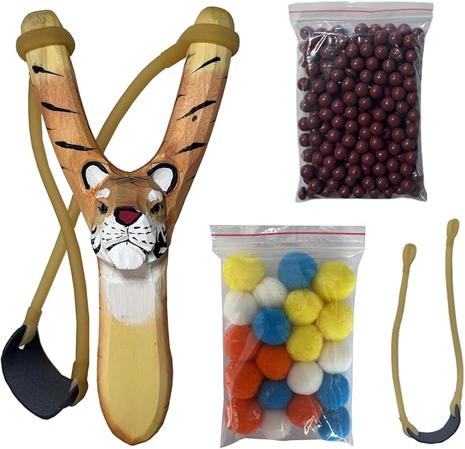 LINJAY Wooden Slingshot for Kids with Tiger Design, Colorful Pom - Poms & Ammo Balls