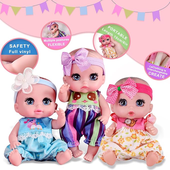 6" Cute Small Baby Doll Newborn Baby All Vinyl Reborn Baby Dolls for Girls Swivel Mini Dolls 16 cm Crying Baby DIY Toys for Ages 3+(Pink)