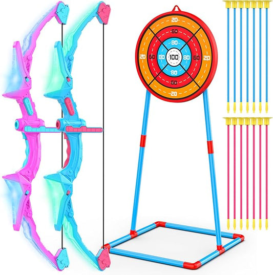 2 Pack of Kids Bow & Arrow Set, Light Up Archery Toy Set with 14 Suction Cup Arrows Standing Target, Perfect Indoor Outdoor Toys Birthday Gifts Ideas for Boys Girls, Medium