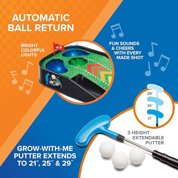 NSG Electronic Mini Golf Putting Game for Kids – Indoor Golf Toy with 4ft Mat, Aiming Pin Flag, Auto Ball Return, Cheers & Sounds, Lights, 3 Balls, Adjustable Putter – Fun Family Play, Ages 3+