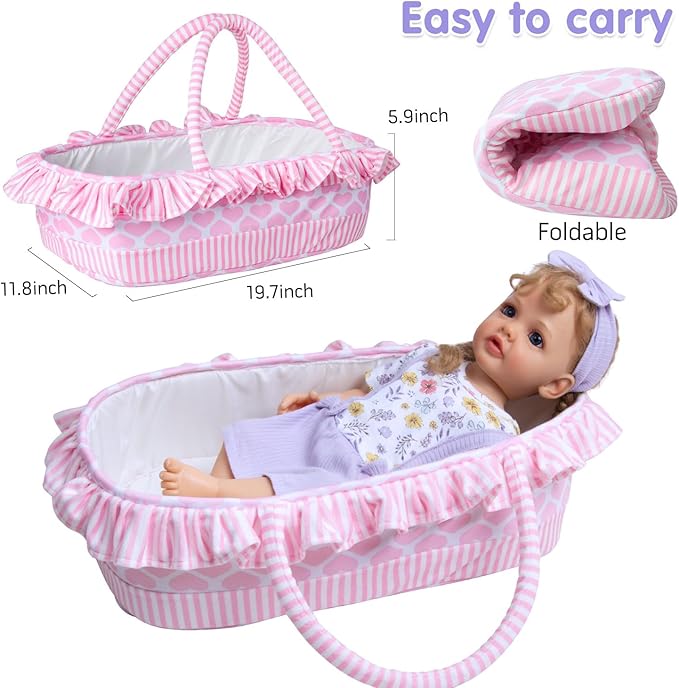 10 Pcs Reborn Baby Doll Clothes with Bassinet for 17-22 Inch Reborn Dolls, Baby Girl Doll Outfits Floral Dress Newborn Baby Doll Accessories Set - Feeding and Caring Set with Bottle Magnetic Pacifier