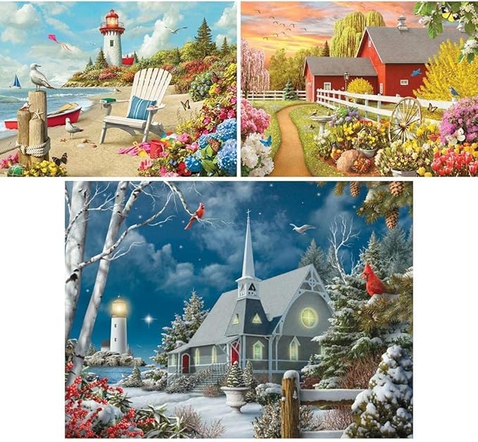 Bits and Pieces Value Set of 3 Large Piece Jigsaw Puzzles for Adults – Awaken, Guiding Lights & Daydream by Alan Giana – 300 or 500 Piece Puzzles, 18” x 24” Each, Premium Random-Cut Fit