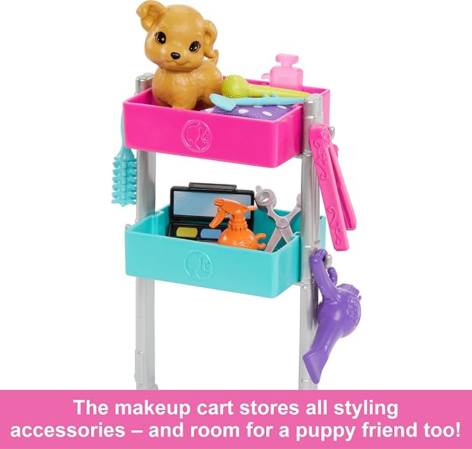 Barbie Stylist Doll & 14 Accessories, Blonde Barbie "Malibu" Fashion Doll On-set with Cart, Smock, Makeup Palette, Pet Puppy & More