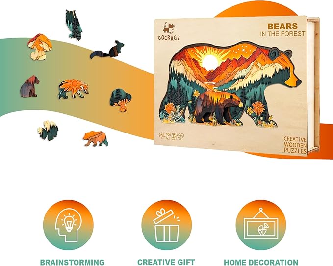 Wooden Puzzles for Adults - Forest Bears Wooden Jigsaw Puzzle - Unique Animal Shaped Wood Puzzles Adult - Christmas Birthday Gifts for Adults/Friends/Family - 205pcs 15.4 * 8.2in