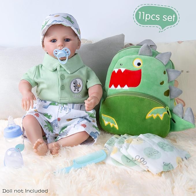 11 Pcs Reborn Baby Doll Clothes Boy Dinosaur Outfit Accessories for 17-22 Inch Reborn Boy Dolls 20 Inch Newborn Baby Boy Clothes Green Accessories with Backpack