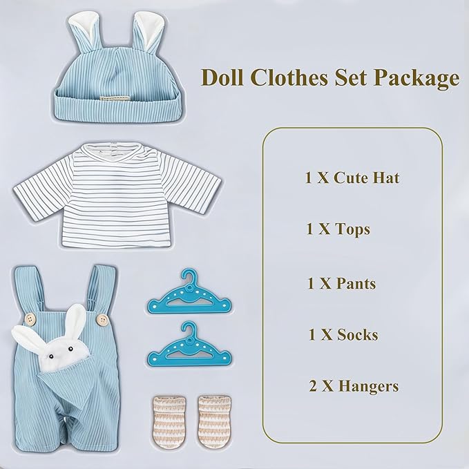 Reborn Baby Doll Clothes Set for 14-18 inch Dolls, Soft Doll Clothes Outfit with Tops, Pants, Rabbite Hat, Socks & 2 Hangers, Accessories for Newborn Reborn Dolls(Not Dolls)