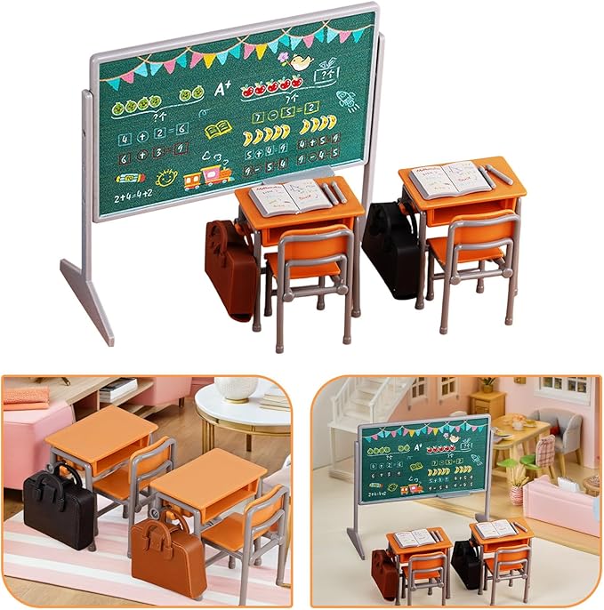 TOYANDONA 13pcs Miniature School Supplies - Doll School Supplies Mini Dollhouse Accessories Include Desk Chair Set Doll Schoolbag Blackboard Book for Miniature Classroom Furniture