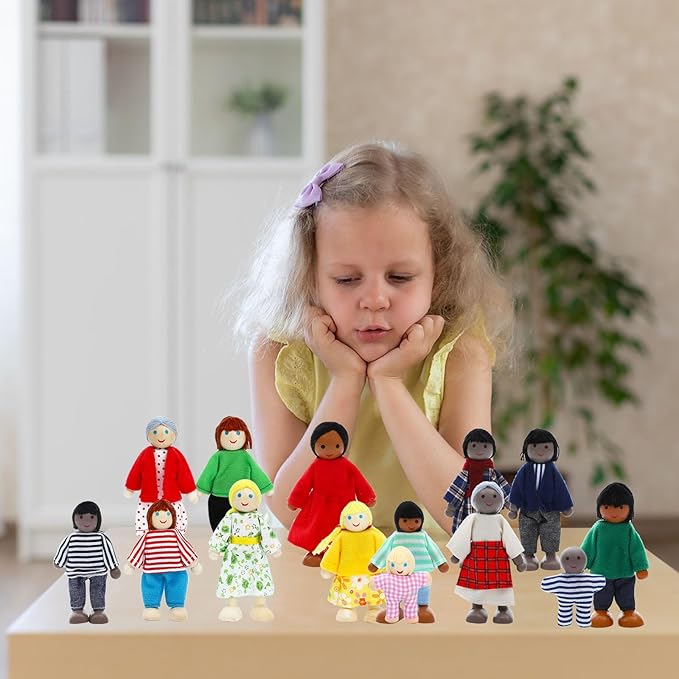 ONEST 23 Pieces Wooden Dollhouse Family Set Mini People Figures Dollhouse Dolls Wooden Doll Family Pretend Play Figures Accessories for Pretend Doll House Toy