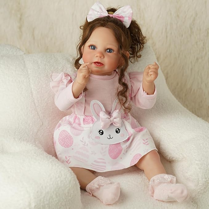 BABESIDE Easter 4 Pcs Reborn Baby Doll Clothes and Accessories for 17-20 Inch Baby Dolls, Easter Pink Bunny Dolls' Clothes Set with Headband (Doll NOT Included)