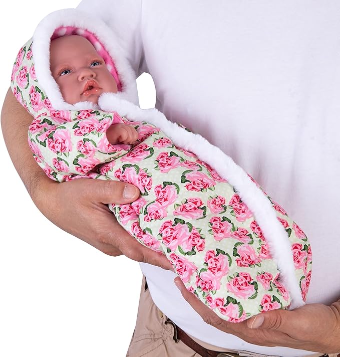 Doll Jumpsuit Sleeping Bag Handmade Doll Clothes Hooded Romper Pink Rose Winter Hoodie Doll Accessory Soft Thick Swaddle Blanket Fit for 18" Dolls (Doll not Included)