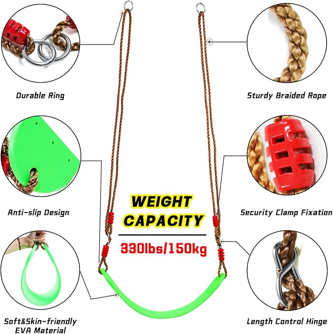 Tree Swing Climbing Rope 2 Pack Multicolor with Platforms Red Disc Swings Seat - Outdoor Playground Set Accessories Tree House Flying Saucer Outside Toys - Bonus Carabiner and 4 Feet Strap
