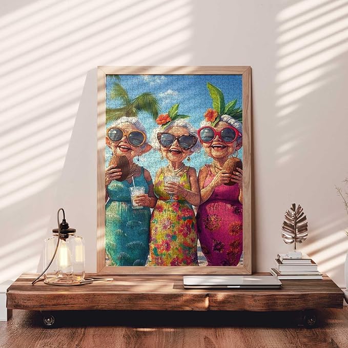 Grandmother Woman Wearing Sunglass 1000 Piece Jigsaw Puzzles for Adults grandma Friends Painting Jigsaw Puzzle Old Ladies 1000 Pieces Puzzles Game Home Wall Decor Elderly People DIY Puzzle Granny Gift