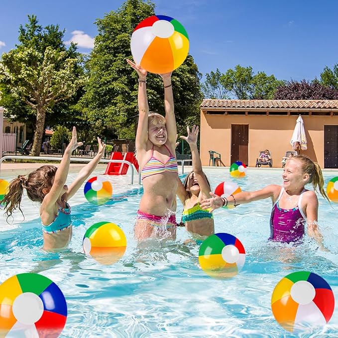 16 Pack 12" Summer Inflatable Beach Balls Bulk Rainbow Swimming Pool Water Games Toys for Kids Summer Party Supplies Decorations