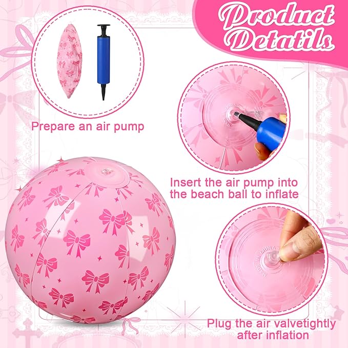 12 Pcs 9 Inch Pink Bow Inflatable Beach Balls Coquette Cute Pool Floats PVC Balls for Summer Hawaiian Tropical Theme Beach Pool Bachelorette Party Supplies (Pink)
