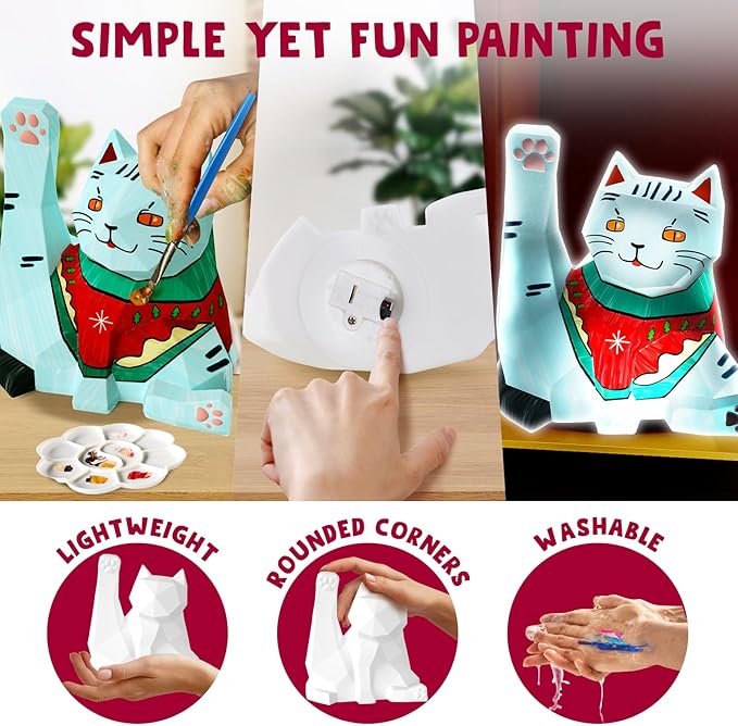 Goody King Paint Your Own Cat Lamp Kit, 3PCS DIY Cat Night Light, Easter Basket Stuffers, Arts & Crafts for Kids Ages 8-12, Painting Kit for Kids, Easter Birthday Gifts for Kids Ages 3+