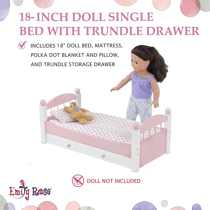 Emily Rose 18" Doll Pink Trundle Bed with Pull-Out Storage Drawer & 3-PC Bedding Set - Stackable Design - Fits American Girl Dolls - Wooden Bedroom Furniture
