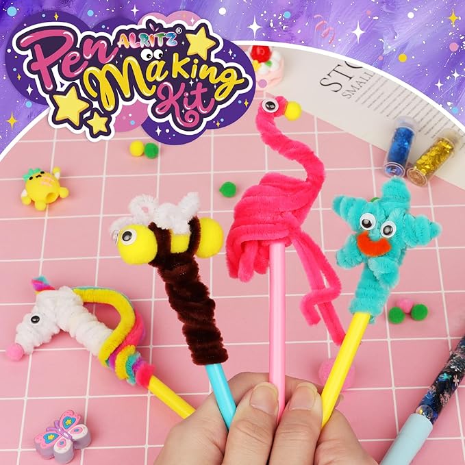 Alritz DIY Pen Making Kit for Kids, Floating Glitter & Pipe Cleaner Craft Kit, Educational Art Toy, Safe All-in-One Supplies, Easter Birthday Party Back to School Gift for Girls and Boys Ages 8-12