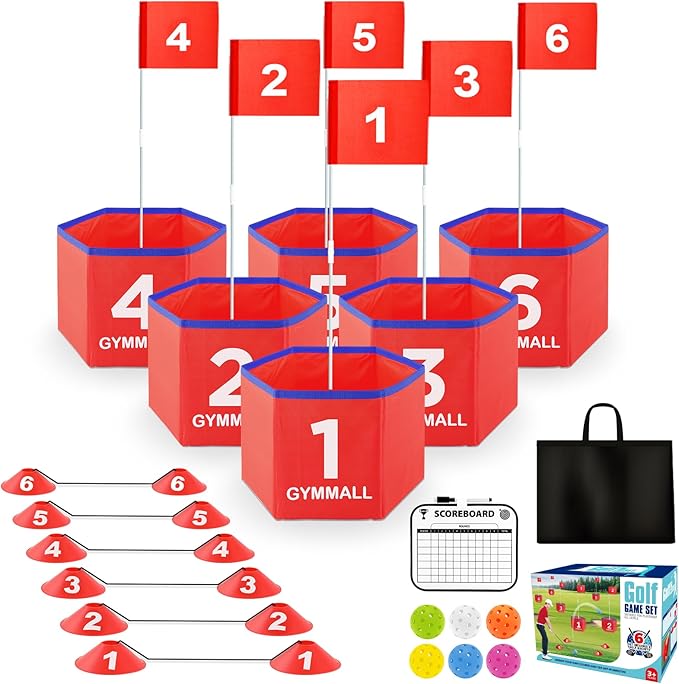 Golf Bucket Yard Game, Backyard Golf Set for Kids, Adults and Family, Outdoor and Indoor Portable 6 Holes Golf Course with Balls, Flags and Carry Bag for Lawn, Park, Beach and Hotel - Red