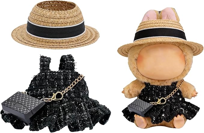 17cm Doll Clothes- Luxury Chic Style Set High-End Fashion Accessories - Premium Handmade Clothes 3 Piece Set Hat & Black Bag & Dress Adjustable Outfit (No Doll) - Pure Black - No Logo