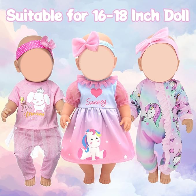 Baby Doll Clothes for 12-18 inch Dolls, 3 Set Doll Girl Clothes with Dress Jumpsuit Headbands for 35-45 cm Baby Doll Accessories Girls Birthday Gift