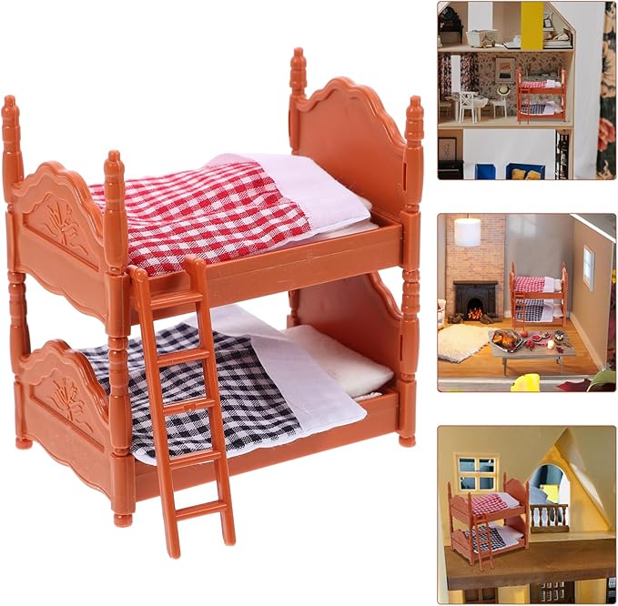 2Pcs Dollhouse Bunk Bed, 4in Mini Bunkbed Furniture, Dollhouse Bed with Ladder, PVC Miniature Doll House Decorative Accessories for Mini Landscape DIY Kit