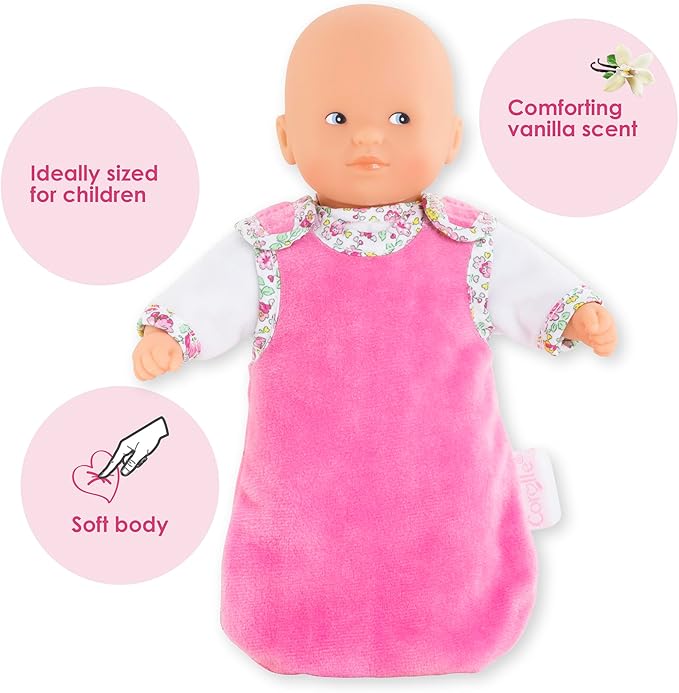Corolle Mini Calin “Good Night” Blossom Garden - 8" Soft Boy Baby Doll with Vanilla Scent, White and Pink Pajamas, Sleeping Bag & Sleeping Eyes for Girls Ages 18 Months+, Cute Reborn Realistic