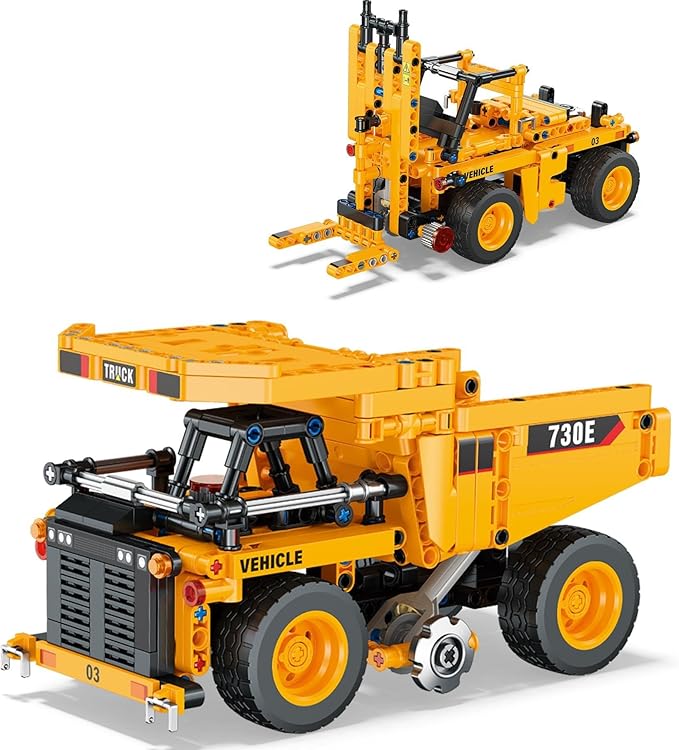 2-in-1 Construction Vehicle Building Blocks Set: Convertible Mining Dump Truck & Forklift Toy with Rotating Axle for Realistic Play – STEM Learning Toys for Kids Ages 8-12