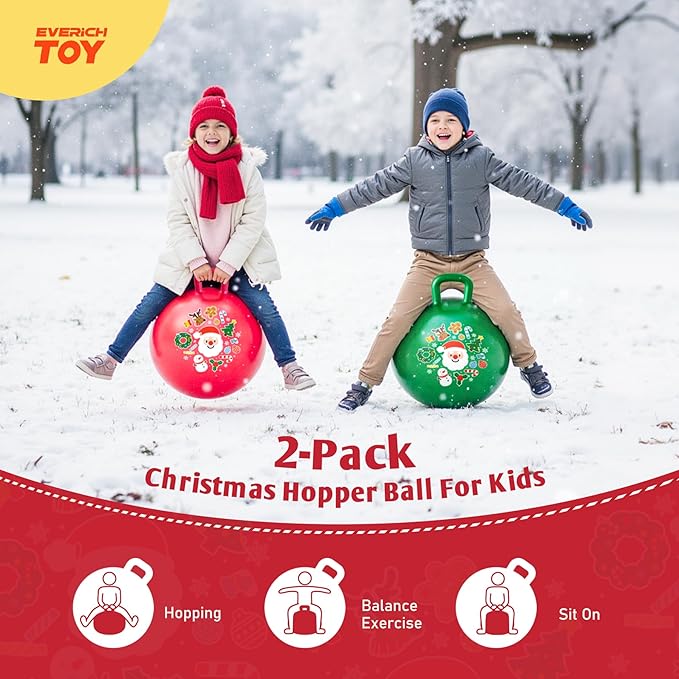 EVERICH TOY 2-Pack Hopper Ball for Kids 18In Sit On Bouncy Ball with Handle with Christmas Reindeer Ears, The Top Green & Red Christmas Boys Girls Gifts for 4 5 6 7 8 Yr Old Indoor Outdoor Active Play