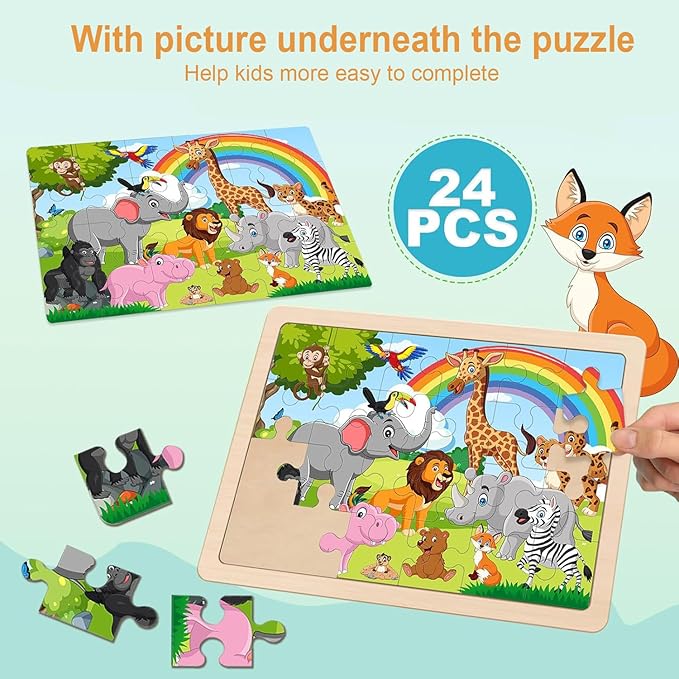 Wooden Puzzles for Kids Ages 4-6, 24 Piece Animals Puzzles for Toddlers,Jigsaw Puzzles for Kids Ages 3-5, Preschool Educational Puzzles Board Toys Gifts for Boys and Girls 3 4 5 6 Years Old