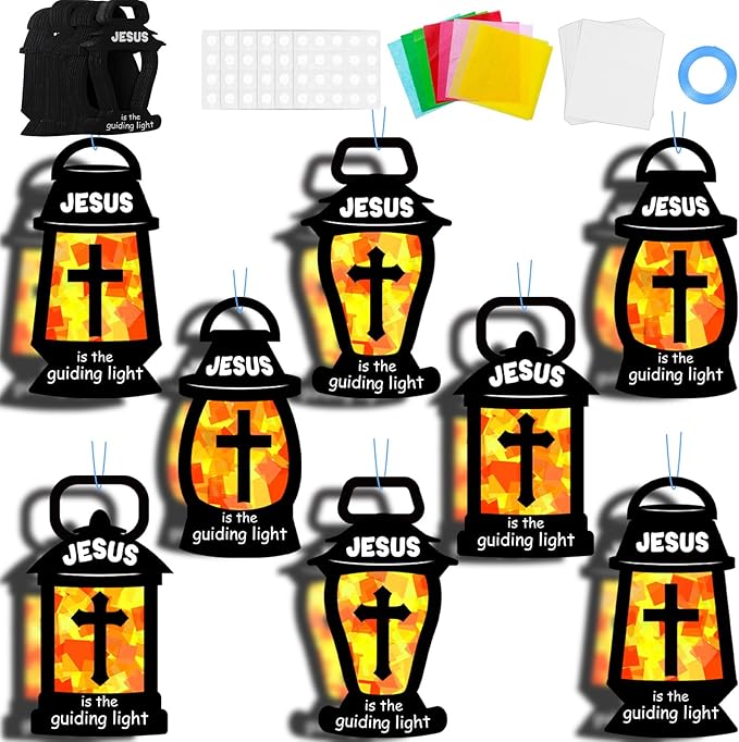 32 Set Christian Suncatchers Crafts Kits Jesus is The Guiding Light DIY Religious Window Stained Glass Hanging Ornament Easter Holiday VBS Paper Craft Holy Night Lent Sunday School Activities