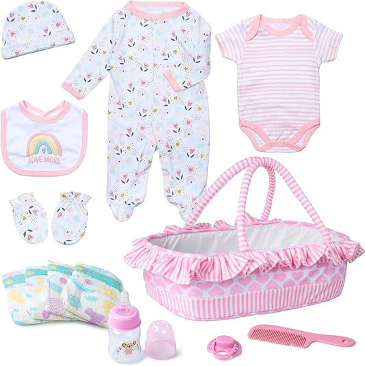 13 Pcs Baby Doll Accessories Set for 17-22 Inch Girl Baby Dolls, Reborn Baby Doll Clothes with Heart Bassinet Pink Basket Newborn Doll Outfits Kids Pretend Play Set