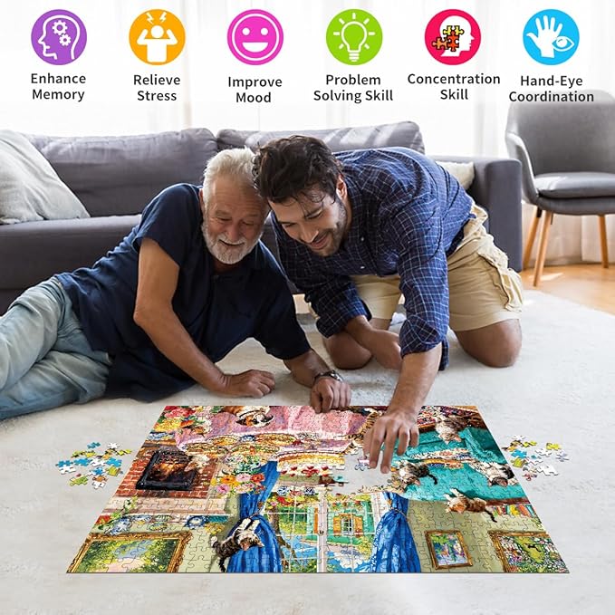 500 Piece Jigsaw Puzzle for Adults Whimsical Tea Party with Kittens Bulldog Cozy English Living Room Scene Challenging Paper Puzzle for Cat Lovers Game Nights Home Decor