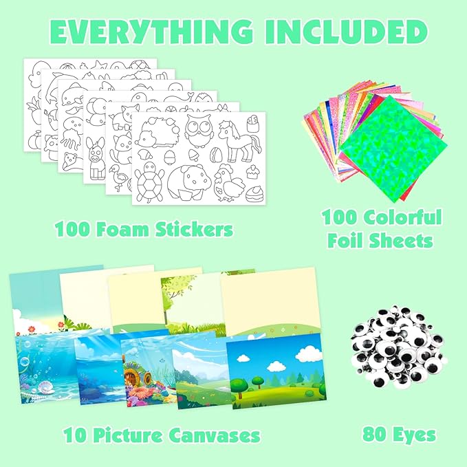 AJAZPER Foil Crafts for Kids, Arts Kit for Kids, Art & Craft Supplies Kits, DIY Creative Activity Travel Toy Gift, Ideal Birthday Christmas Party Favor Gifts for Girls Boys Ages 4+ (Green)