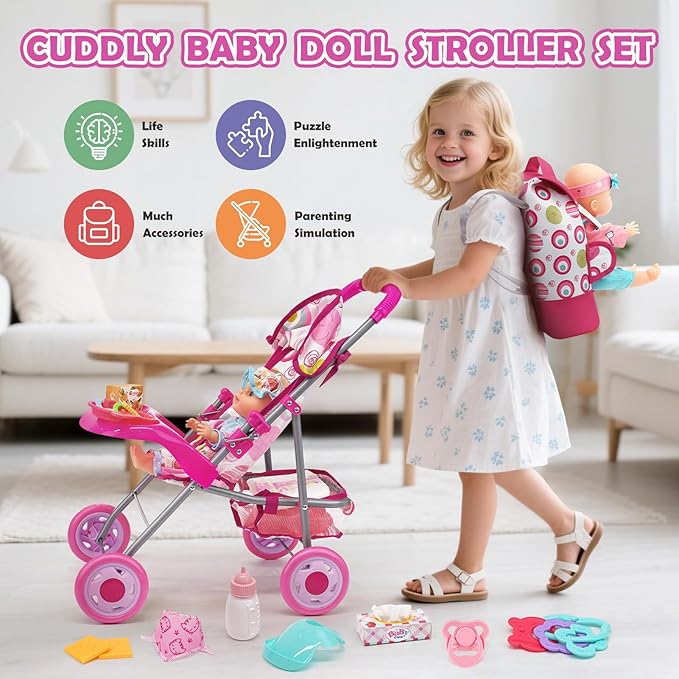 Baby Doll Stroller Set with 12.5" Doll, Baby Dining Table, Backpack with Carrier, 21 PCS Baby Doll Accessories Stroller Toys, 2 Sets Doll Clothes, Feeding Set Girls Toddlers Gifts for Pretend Play