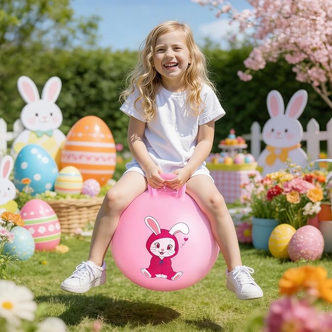 PlayZap Hopper Balls for Kids 3-8, 18 Inches Bouncy Ball with Handle, 18" Inflatable Bouncing Hopper, Pink Rabbit Jumping Toys, Garden Hopping Toys Girls Boys Easter Gifts