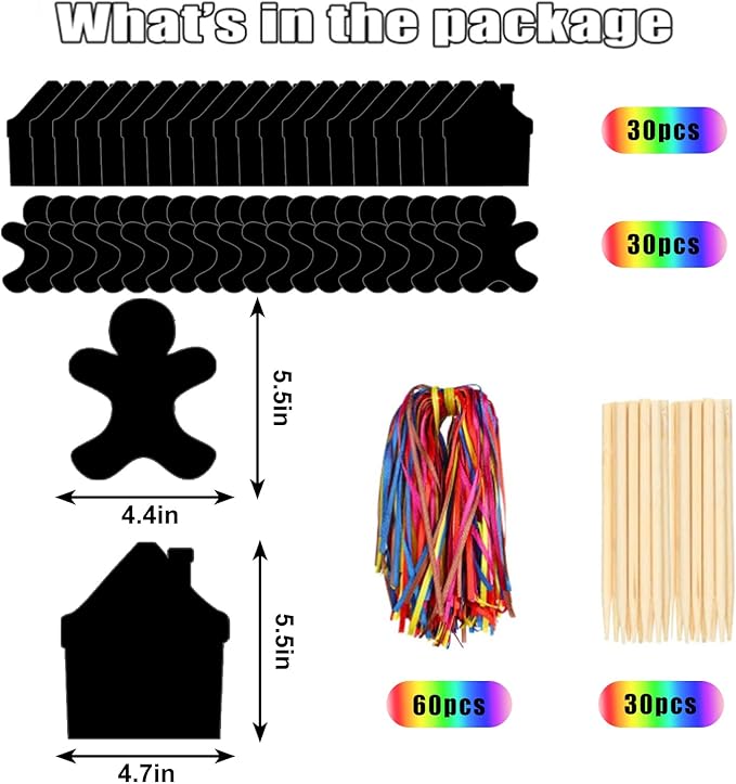 JarThenaAMCS 60 Pcs Christmas Scratch Paper Craft Kits Gingerbread Scratch Cards Ornaments with Ribbon & Wood Styluses for Xmas Party DIY Crafts Painting Supplies