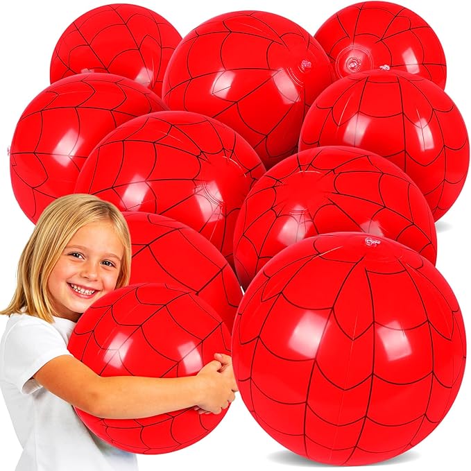 SCIONE 12 Pack 12 Inch Red and Blue Web Inflatable Balls, Beach Balls for Pool Party Decorations, Spider Theme Birthday Favors & End of Year Student Gifts