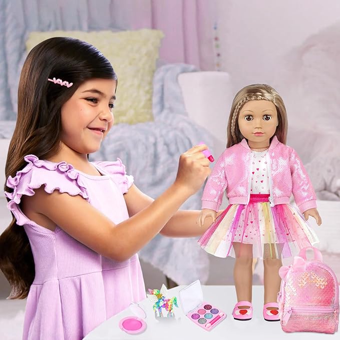 BDDOLL American 18 Inch Doll Clothes and Accessories with Travel Suitcase and Makeup fit 18 Inch Doll Includes Suitcase, Backpack, Sunglasses Lipstick, Eyeshadow Palette, Bracelet, Hair, Blusher