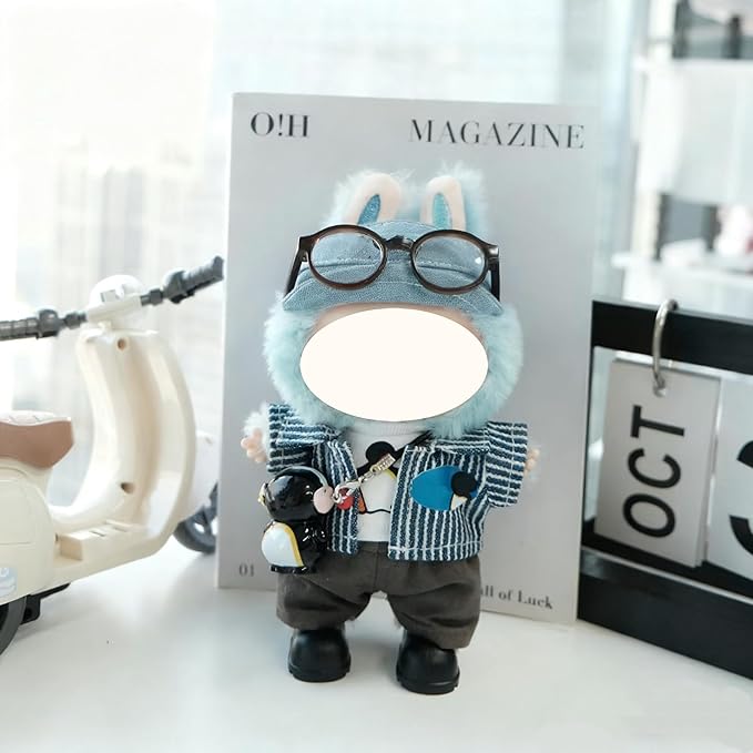 Clothes for 17cm Doll, 5 pcs Set Doll's Outfits Luxury Dress Shirt Pants Headset Shoes Accessories Fashion Stylish Adorable Dolls Clothes (No Doll) (Penguin Stripe Blue)