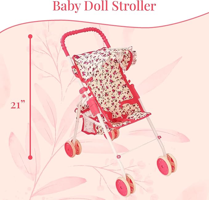 Deluxe Baby Doll Stroller and Crib Furniture Playset, Multi Baby Doll Accessories Set for 18" Dolls, Includes Doll Stroller Swing and Doll Bed Pretend Play for All Dolls - Floral