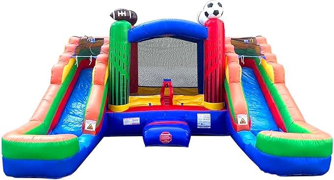 Crossover Sports Double Water Slide Bounce House Combo, 16.5 x 15 x 11 Foot, PVC Vinyl Inflatable Bouncy House for Kids, Wet or Dry Slides, with Stakes and Storage Bag, Blower not Included