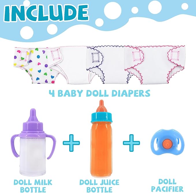 7 Pcs Baby Doll Accessories, 4 Doll Diapers for 14-18 Inch Doll, Magic Disappearing Milk & Juice Bottles with Toy Pacifier for Reborn Baby Doll Diapers and Feeding Bottle Toys Reusable